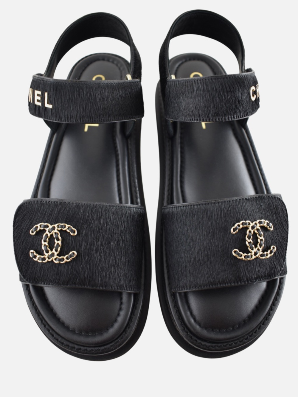 NEW Limited Edition Chanel 24B Black Calf Hair Dad Sandals 37.5